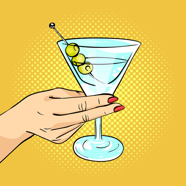 Vector hand getekende popart illustratie van vrouw hand houden Martini glas - Vector, afbeelding