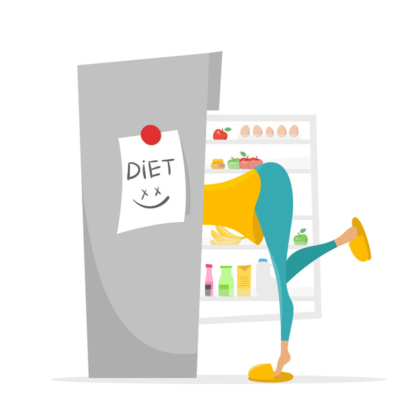 Illustration of girl searching something to eat in the fridge. - Vector, Image