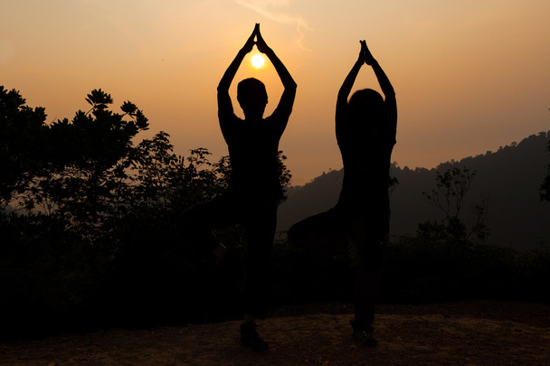 Dos mujeres irreconocibles en silueta haciendo pose de árbol de yoga durante el amanecer
  - Foto, imagen