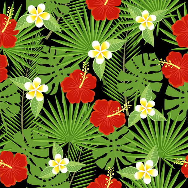 bezešvé tropické listy a květy - palm, monstera, ibišky a plumeria - Vektor, obrázek