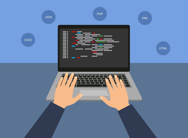Programming and coding. Programmer for the laptop while working - Vector, Image