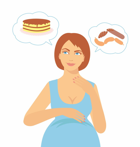 illustratie van een zwangere vrouw met een toegenomen eetlust. symptomen van zwangerschap - Vector, afbeelding