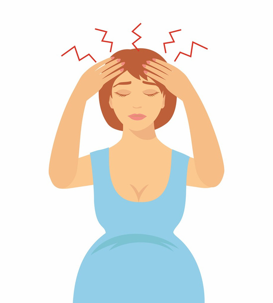 頭痛を持つ妊婦のイラスト。妊娠の症状 - ベクター画像