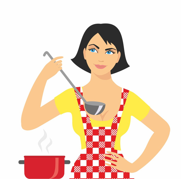 ilustracja kobiety w fartuch gotować z kadzi w ręku - Wektor, obraz