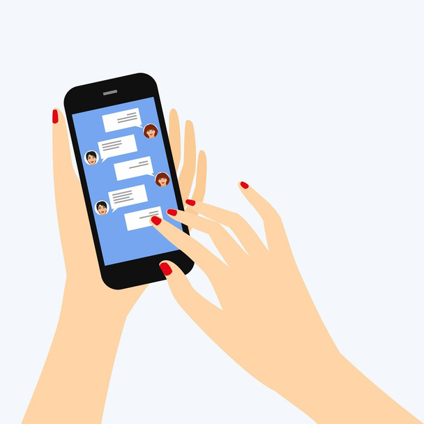 Nachrichten per Instant Messaging an Freunde senden. Eine weibliche Hand hält ein Smartphone mit einem Chat auf dem Display - Vektor, Bild