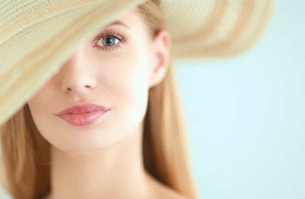 Portrait of beautiful model in hat ,isolated on white background - Φωτογραφία, εικόνα