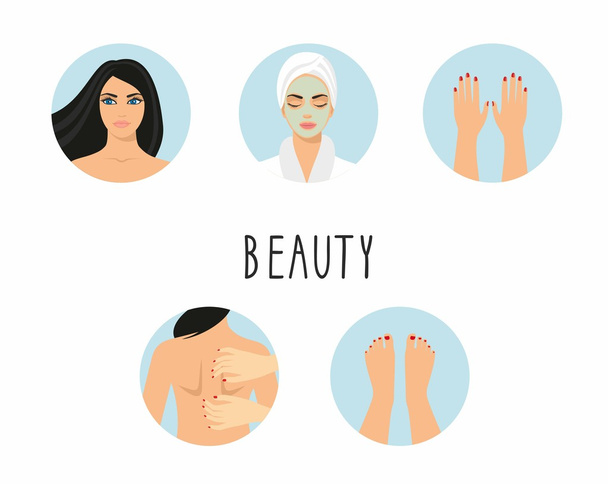Illustrationen einer jungen schönen Frau, einer Frau mit Kosmetikmaske im Gesicht, einer Frau mit Make-up, Händen mit Maniküre, Füßen mit Maniküre. Frau macht Massage - Vektor, Bild