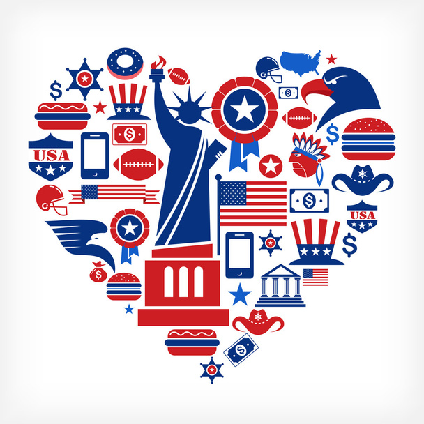 Америка любит - сердце формы со многими векторными иконами
 - Вектор,изображение