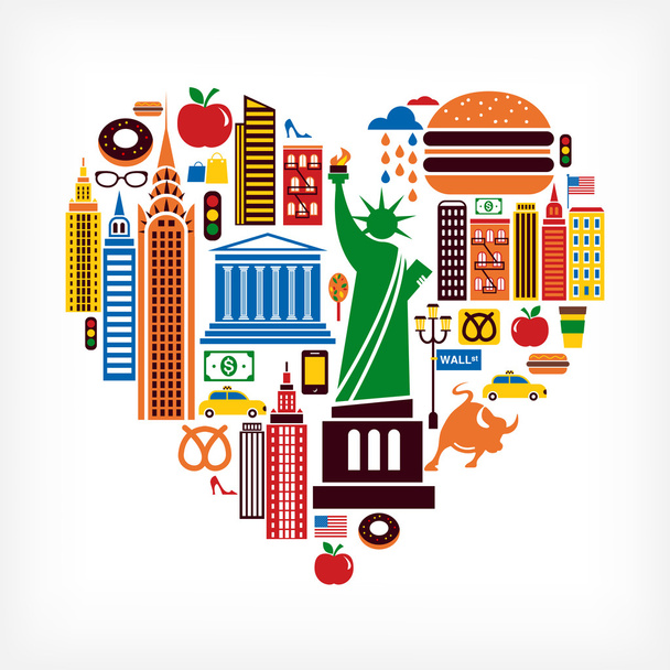 New York love - heart shape with many vector icons - Vector, Image