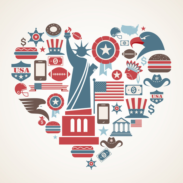 America love - heart shape with many vector icons - Vector, afbeelding