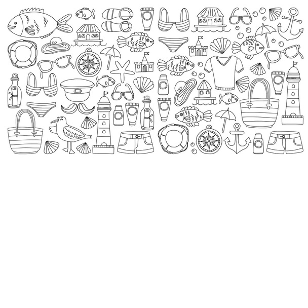 Doodle beach and Travel icons Hand drawn picture - Διάνυσμα, εικόνα