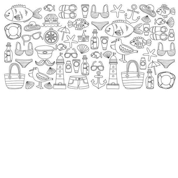 Doodle beach and Travel icons Hand drawn picture - Вектор,изображение