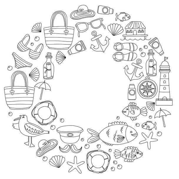 Doodle beach and Travel icons Hand drawn picture - Vector, Imagen