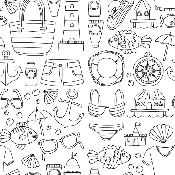 Doodle beach and Travel icons Hand drawn picture - Vektör, Görsel