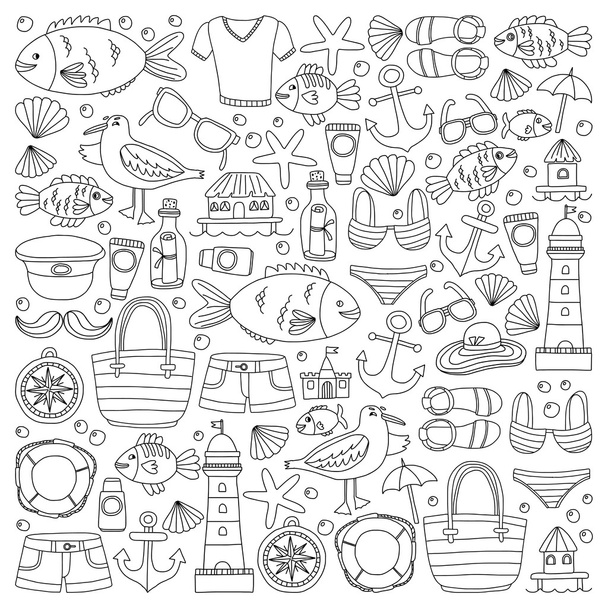 Doodle beach and Travel icons Hand drawn picture - Vetor, Imagem