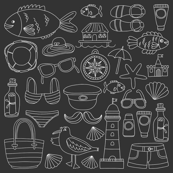 Doodle beach and Travel icons Hand drawn picture - Вектор,изображение