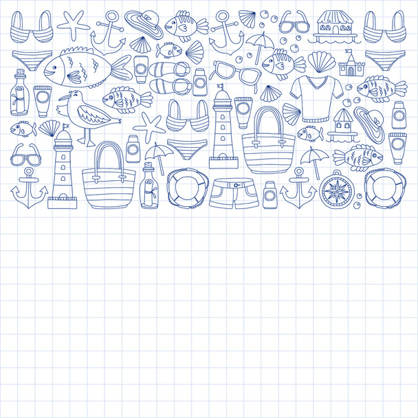 Doodle beach and Travel icons Hand drawn picture - Vector, afbeelding