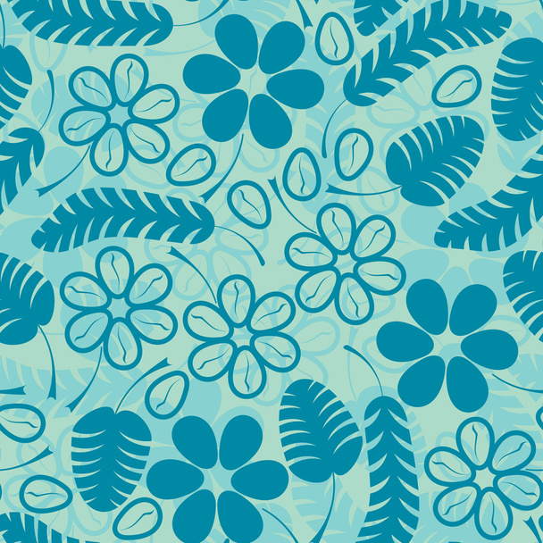 Decorative blue leafs and flowrs on blue background - seamless pattern - Вектор,изображение