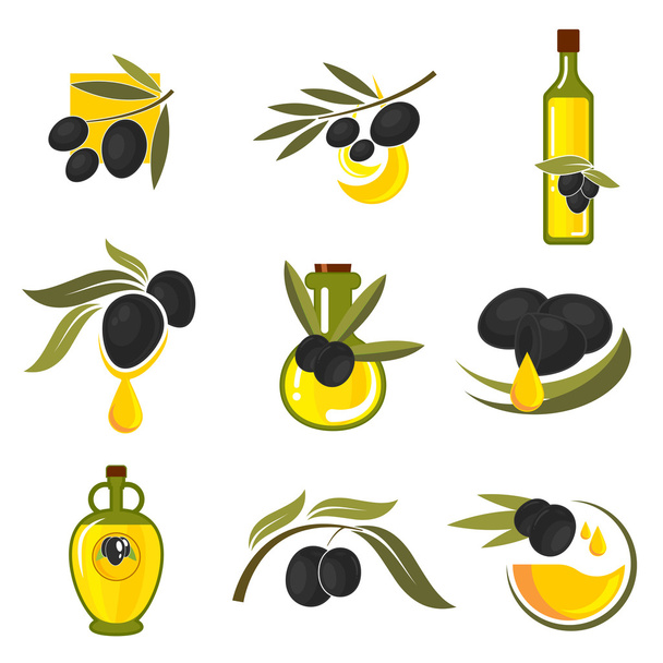 スペインの黒オリーブの果物とオイルボトルのアイコン - ベクター画像