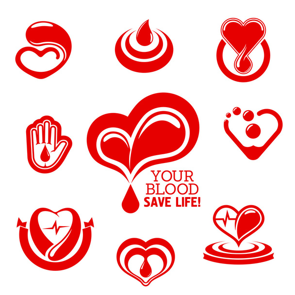 Corações vermelhos e mão amiga com gotas de sangue
 - Vetor, Imagem