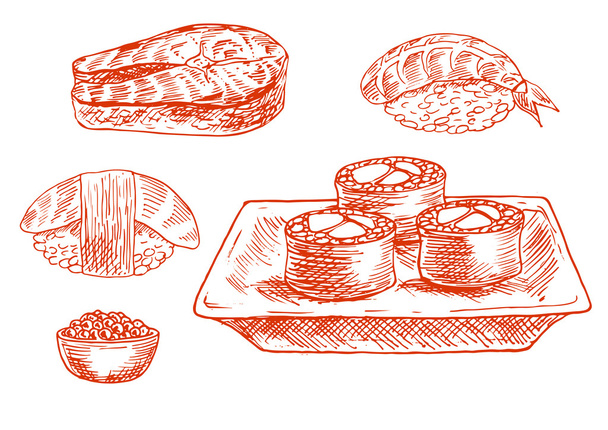 Sketched äyriäiset kuvakkeet sushia, lohta, kaviaaria
 - Vektori, kuva