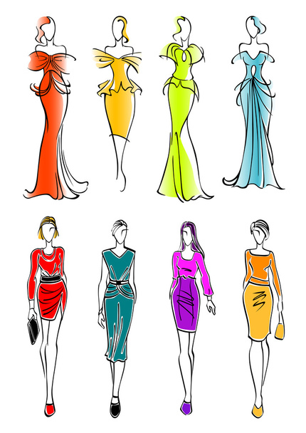 Women presenting dresses for work and leisure - Vecteur, image