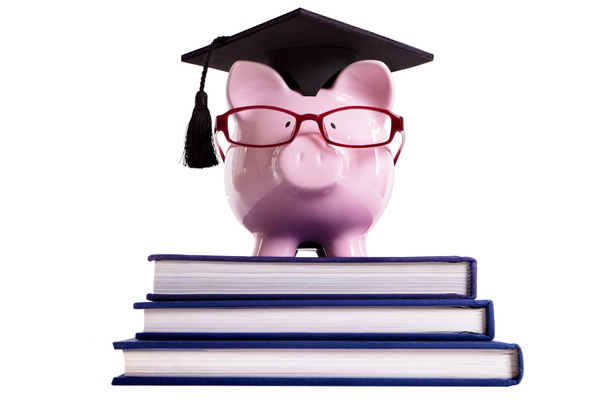 Estudiante graduado de la universidad Piggy Bank aislado en fondo blanco
 - Foto, imagen