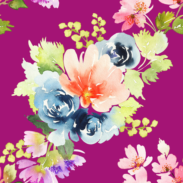 Seamless pattern with flowers watercolor - Photo, Image