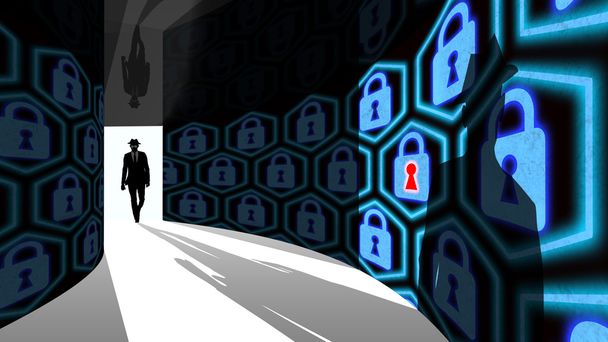 Elite hacker entra en el pasillo de seguridad de la información con cerraduras
 - Foto, imagen