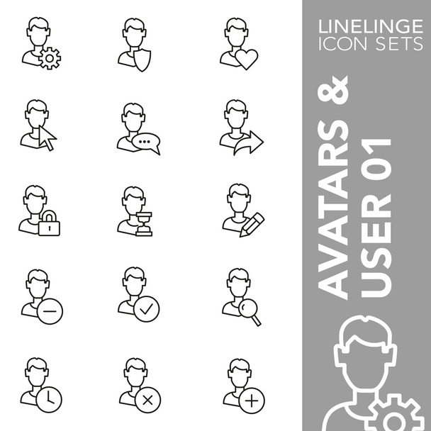 Sada ikon na špičkových ikonami, uživatelské rozhraní a avatary 01. Linelinge, moderní sbírka symbolů - Vektor, obrázek