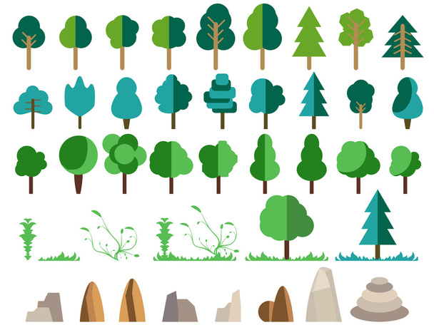 Flat trees, rocks, bushes and grass. Trees set in a flat design. Nature flat style. Vector icons. - Vector, Image