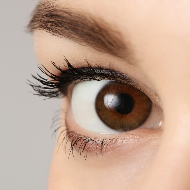 Close up vista de um olho de mulher marrom olhando para a câmera
 - Foto, Imagem