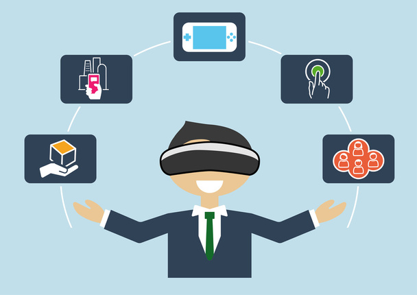Virtual reality concept as vector illustration of business man using VR headset - Vector, Image