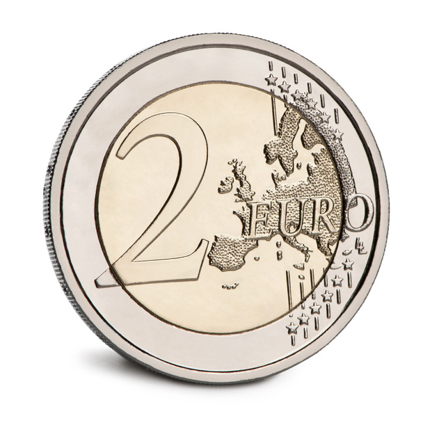 Beyaz arka plan önünde 2 euro parapila de 1 monedas de euros frente a fondo blanco - Fotoğraf, Görsel