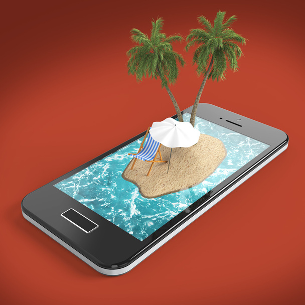 render of tropical island resort with blue sea ocean water, sand beach and palm trees on smartphone screen Travel, tourism holidays vacations online booking concept  - Fotoğraf, Görsel