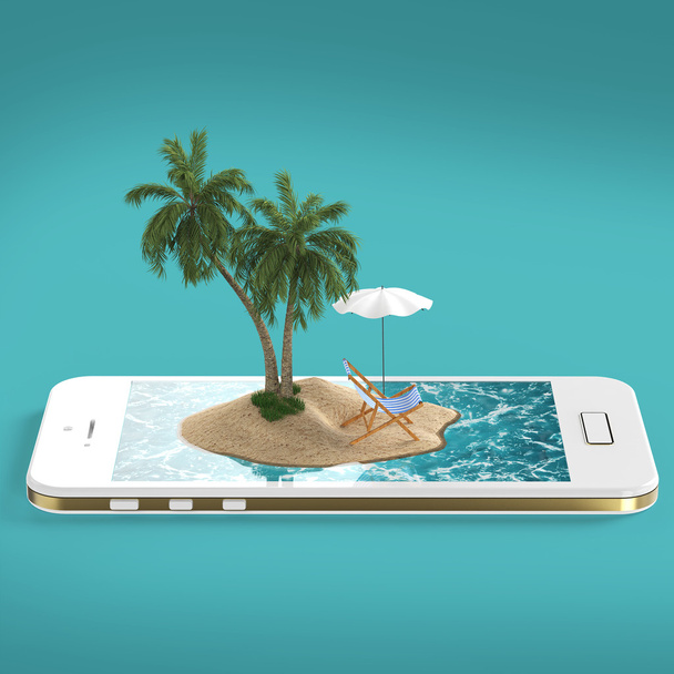render of tropical island resort with blue sea ocean water, sand beach and palm trees on smartphone screen Travel, tourism holidays vacations online booking concept  - Foto, imagen