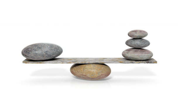 3D rendering of balancing stones on wooden plank, isolated on white background - Photo, Image