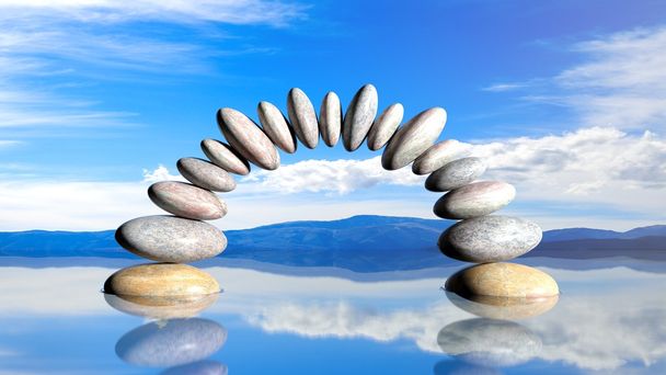 Rendering 3D di pietre equilibranti che formano un arco in acqua con cielo blu e paesaggio tranquillo
. - Foto, immagini