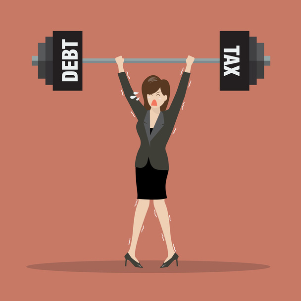 Business woman lifting a heavy weight of debt and tax - Vector, Image