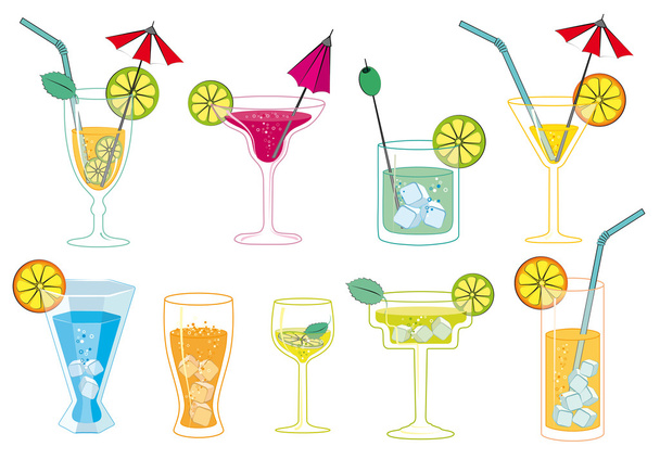glasses with drinks and cocktails - Vector, Image