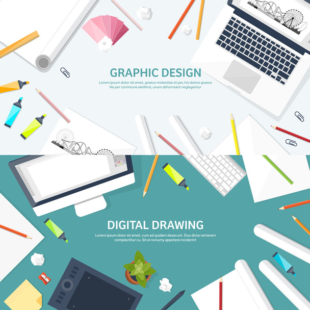 Grafische webdesign. Tekenen en schilderen. Ontwikkeling. Illustratie, schetsen, freelance. Gebruikersinterface. UI. Computer, laptop. - Vector, afbeelding