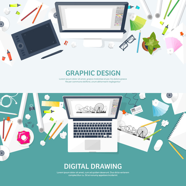 Graphic web design. Drawing and painting. Development. Illustration, sketching, freelance. User interface. UI. Computer, laptop. - Vector, Image