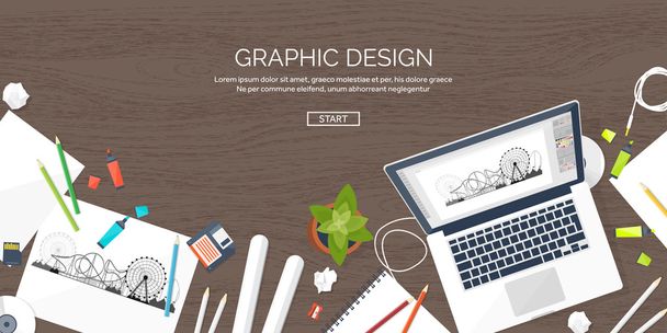 Graphic web design. Drawing and painting. Development. Illustration, sketching, freelance. User interface. UI. Computer, laptop. Wood texture. - Vector, Image
