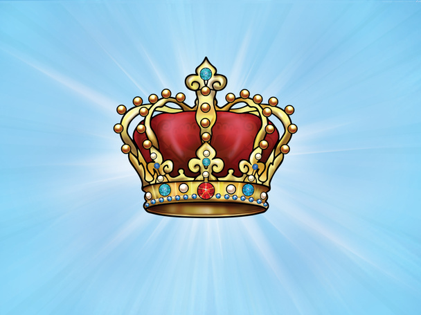 Fundo da coroa de ouro. Coroa real dourada sobre fundo azul claro. Rei da Coroa
 - Foto, Imagem