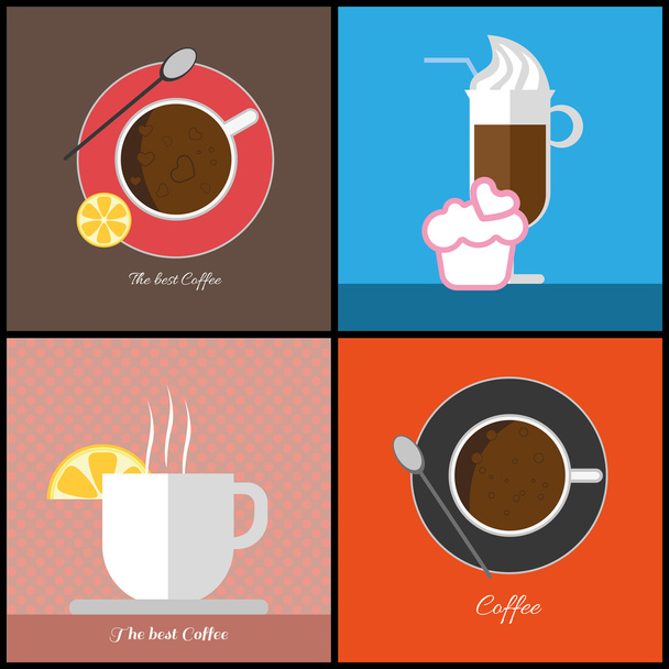 A set of coffee items, cup of coffee with bubbles,  glass with ice cream, cup with steam and a slice of lemon, in outlines, digital vector image - Vettoriali, immagini
