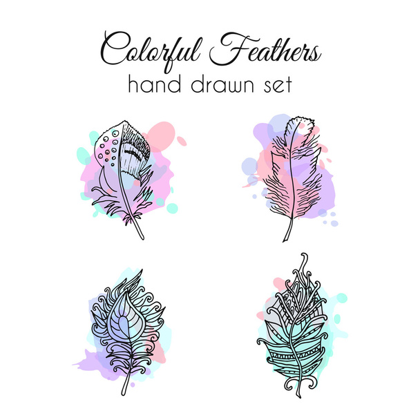 Vector feathers set. Hand drawn ethnic elements. Sketchy feather. - Vector, Imagen