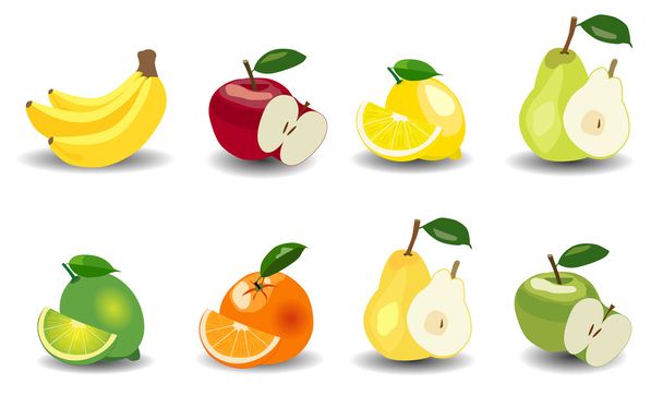 gesetzt. Äpfel, Bananen, Birnen, Orangen, Zitronen und Limetten - Vektor, Bild