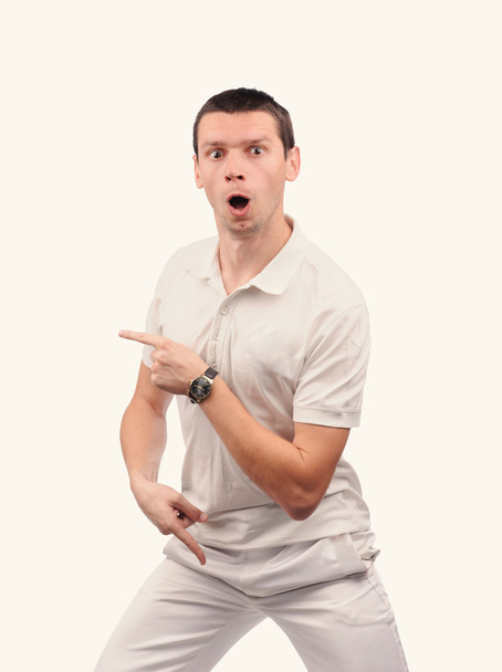 Funny man in white shirt with different emotions - 写真・画像