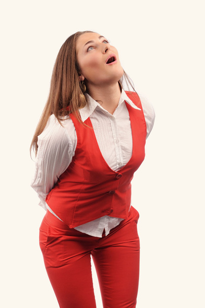 Funny woman in red jacket with different funny emotions - Fotó, kép