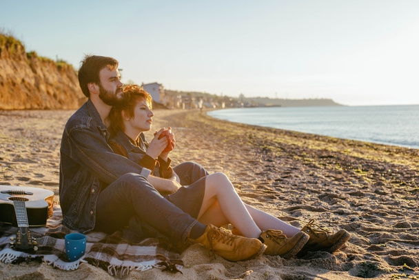 happy loving couple on beach - Фото, изображение